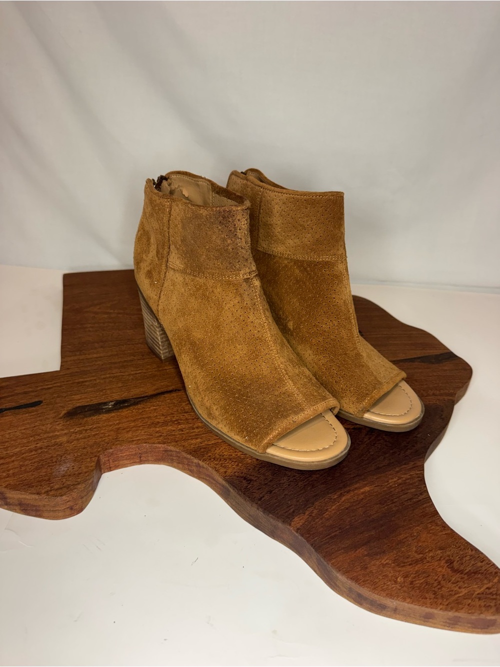 Franco Sarto Tan Suede Peep-Toe Block Heel Booties